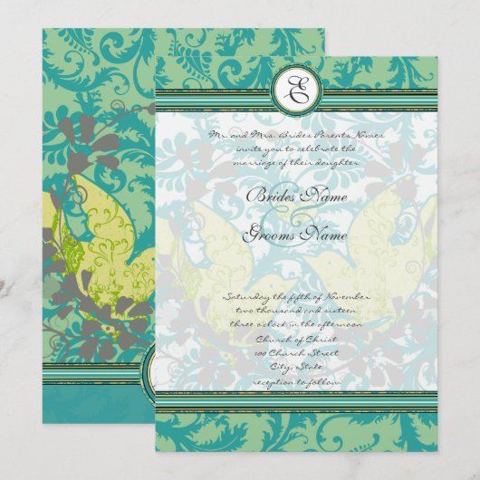 Lagoon Endive  Tortelduifjes Damask Wedding Kaart (Voorkant / Achterkant)