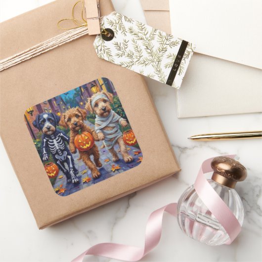 Lagotto Romagnolo Trick-or-Treating Halloween Vierkante Sticker (Geschenken)
