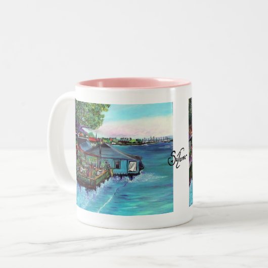 Lahaina Maui~ Fish company schilderij Tweekleurige Koffiemok (Voorkant links)