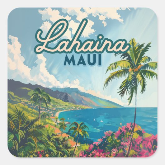 Lahaina Maui Hawaii Beach Coast Retro Vierkante Sticker (Voorkant)