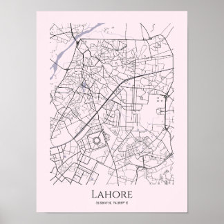 Lahore Kaart Poster (Roze, Matte)