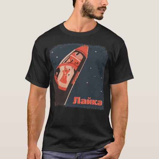 Laika Space Dog op het Sovjet Sputnik Ruimteschip T-shirt (Voorkant)
