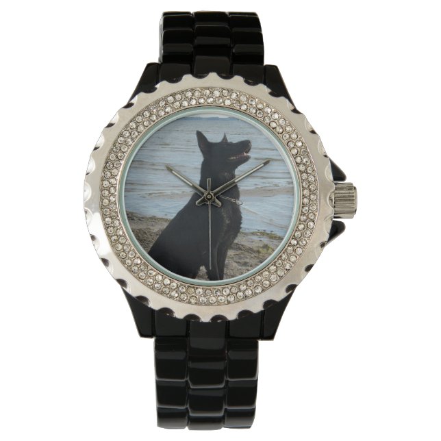 Lak Zwart Duits Herder op het strand Horloge (Voorkant)
