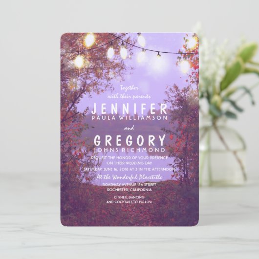 Lake and String Lights Outdoor Wedding Invitation Kaart (Staand voorkant)