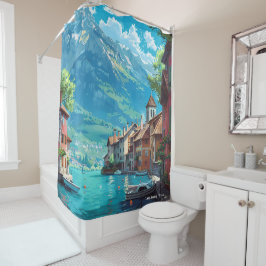 Lake Annecy Frankrijk Kunst Vintage Illustratie Re Douchegordijn