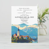 Lake Bled Slovenië bruiloft uitnodiging Retro (Staand voorkant)