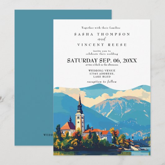 Lake Bled Slovenië bruiloft uitnodiging Retro (Voorkant / Achterkant)