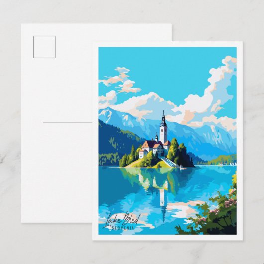 Lake Bled Slovenië vintage reisillustratie Briefkaart (Voorkant / Achterkant)