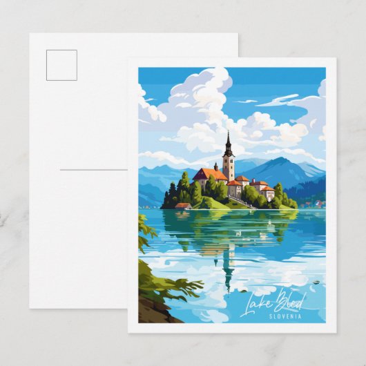 Lake Bled Slovenië vintage reisillustratie Briefkaart (Voorkant / Achterkant)