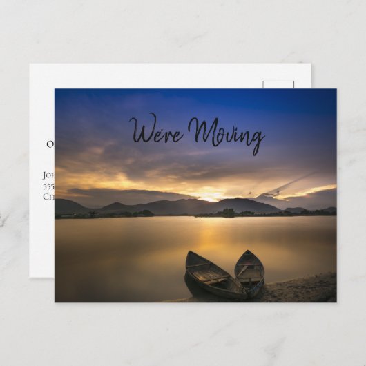 Lake Boats Mountain Sunset Rocks Change of Address Aankondigingskaart (Voorkant / Achterkant)
