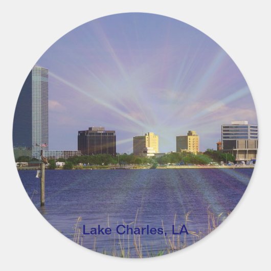 Lake Charles, LA Skyline met Sunburst Ronde Sticker (Voorkant)