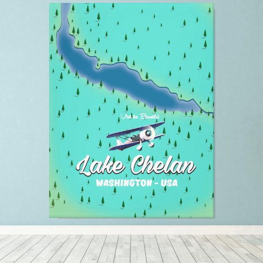 Lake Chelan Washington-kaart Canvas Afdruk (Insitu (Houten vloer))
