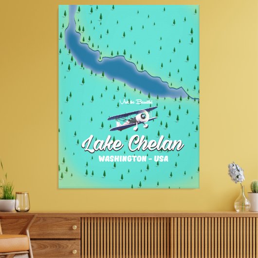 Lake Chelan Washington-kaart Canvas Afdruk (Insitu (Woonkamer))