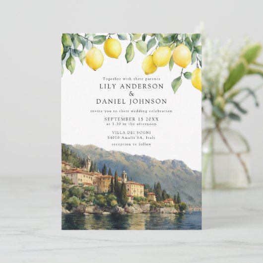 Lake Como Lemons Italian QR Code Wedding Kaart (Staand voorkant)