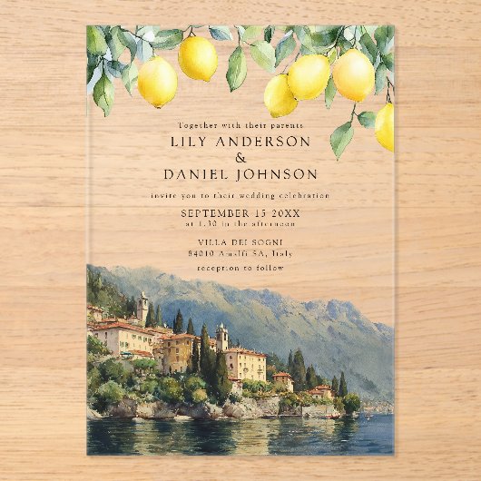 Lake Como Lemons Italian Wedding Acryl Uitnodigingen (Voorkant)