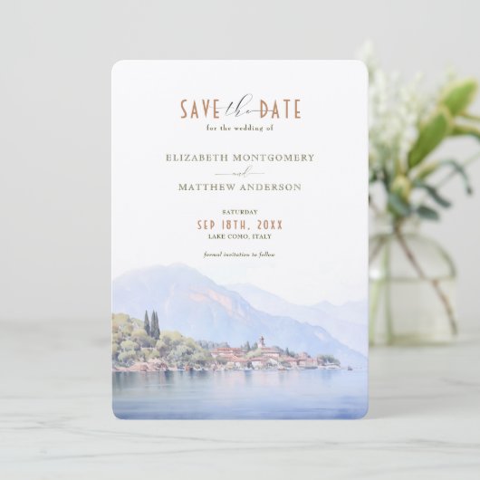 Lake Como Serenity Waterverf Save the Date Kaart (Staand voorkant)
