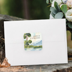 Lake Evergreen Watercolor Bruid en Bruidegom Namen Vierkante Sticker
