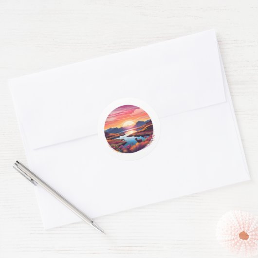 Lake Ewe zonsondergang in Schotland Ronde Sticker (Envelop)