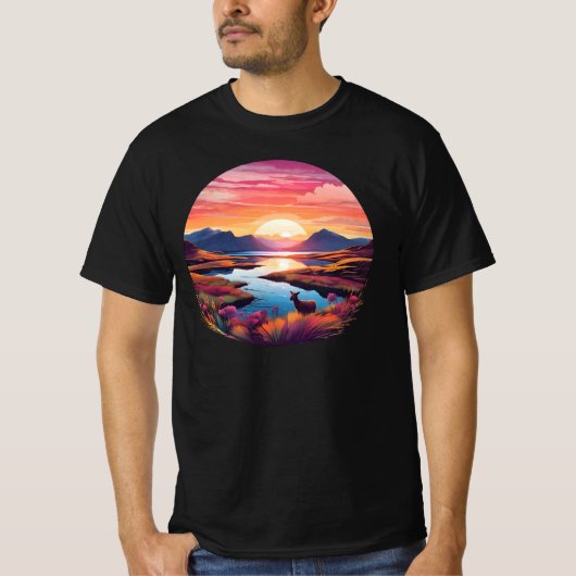 Lake Ewe zonsondergang in Schotland T-shirt (Voorkant)