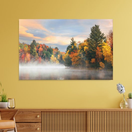 Lake Fog Herfst Foliage Sunrise Mountain New Engla Canvas Afdruk (Insitu (Woonkamer))