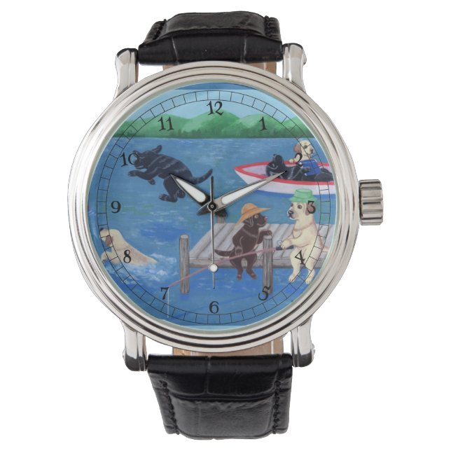 Lake Fun Labradors Schilderen Horloge (Voorkant)