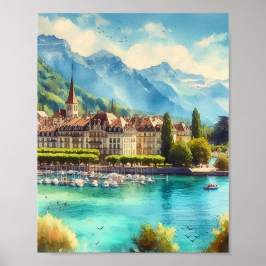 Lake Geneva Waterverf Poster (Voorkant)
