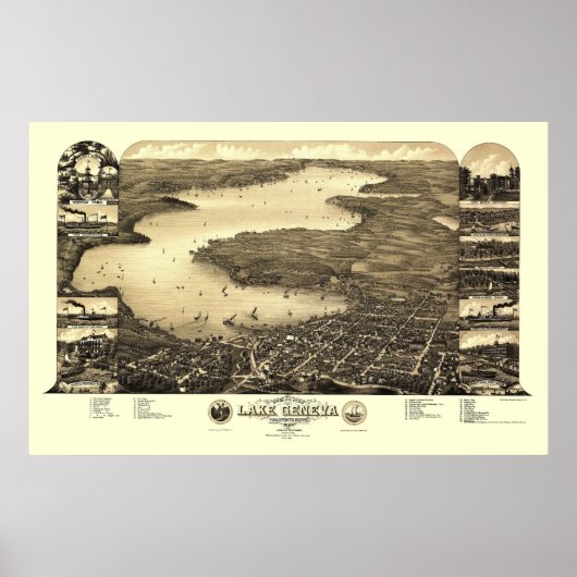 Lake Genève, WI Panoramic Map - 1882 Poster (Voorkant)