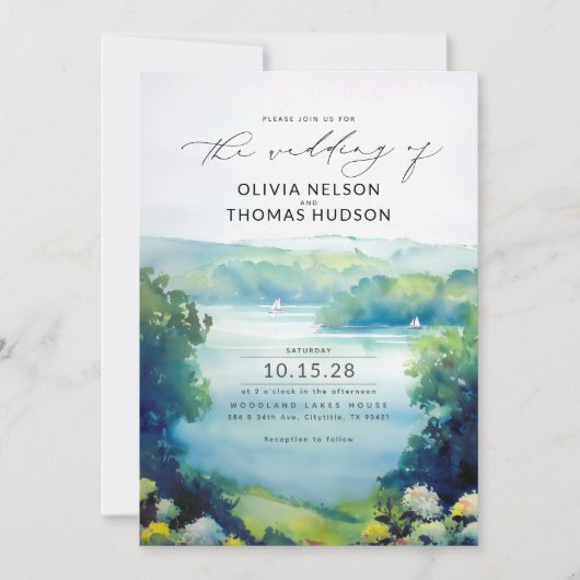 Lake Hills Zeilboten Waterverf Natuur bruiloft Kaart (Voorkant)