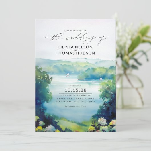 Lake Hills Zeilboten Waterverf Natuur bruiloft Kaart (Staand voorkant)