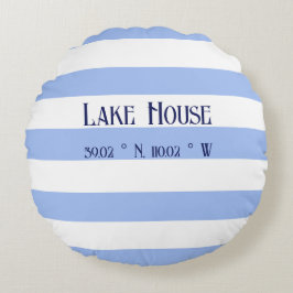 Lake house Coördinaten Familienaam Blue Stripes Rond Kussen