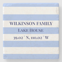 Lake house Coördinaten Familienaam Blue Stripes Stenen Onderzetter