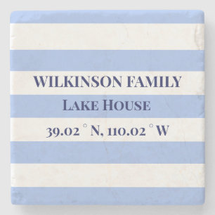 Lake house Coördinaten Familienaam Blue Stripes Stenen Onderzetter