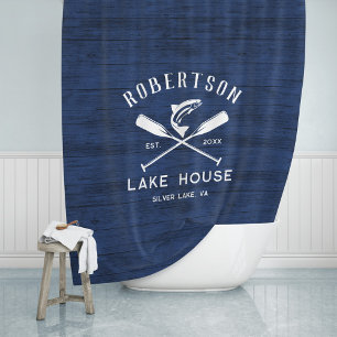 Lake House familienaam rustiek blauw hout Douchegordijn