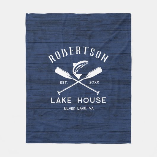 Lake House familienaam rustiek blauw hout Fleece Deken (Voorkant)