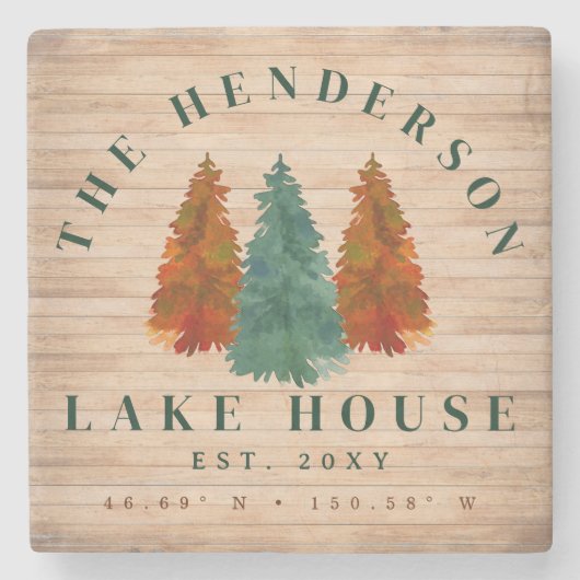 Lake House Rustieke Lake House Boat Waterverf Tree Stenen Onderzetter (Voorkant)