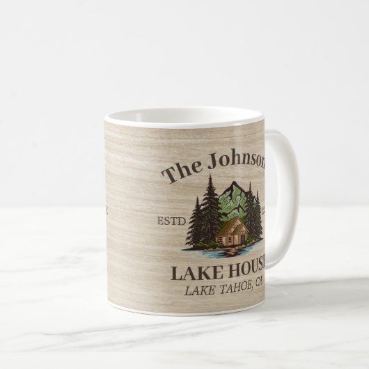 Lake House Wood Thema Familienaam gepersonaliseerd Koffiemok (Voorkant rechts)