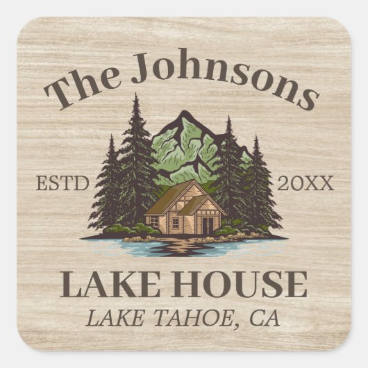 Lake House Wood Thema Familienaam gepersonaliseerd Vierkante Sticker (Voorkant)