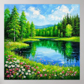 Lake in weelderig boslandschap bloeiende wilde blo poster (Voorkant)