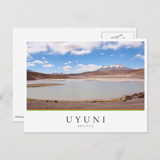 Lake landschap met vulkaan in de buurt van Uyuni,  Briefkaart (Voorkant / Achterkant)
