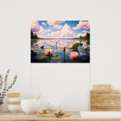 Lake Landschap met Waterbloemen & Roze Wolken | Poster (Keuken)