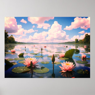 Lake Landschap met Waterbloemen & Roze Wolken Poster
