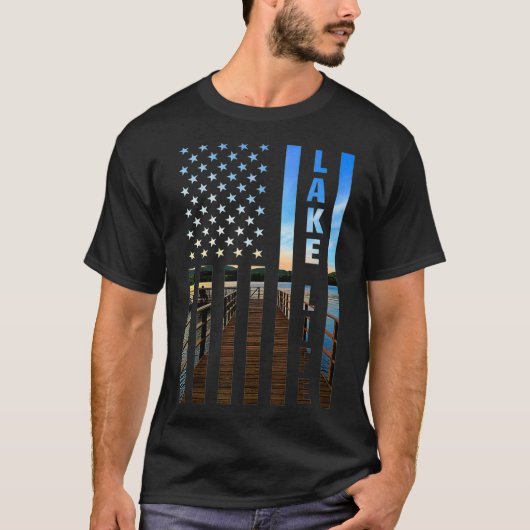 Lake Life American Flag Dock Sunset Power Boat Wak T-shirt (Voorkant)