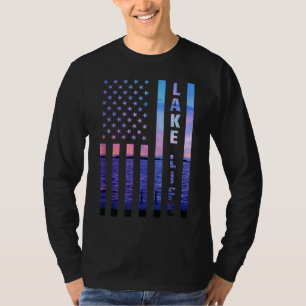 Lake Life American Flag Dock Sunset Wakeboarder Po T-shirt