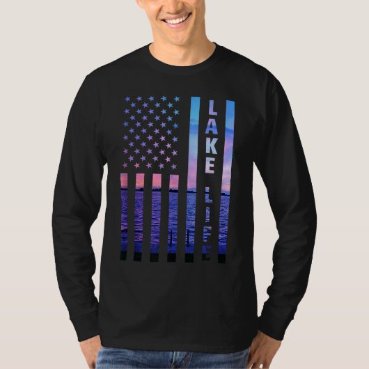 Lake Life American Flag Dock Sunset Wakeboarder Po T-shirt (Voorkant)