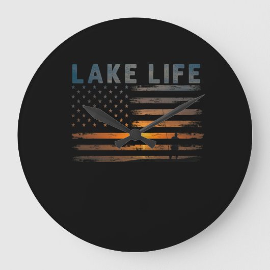 Lake Life Fisherman Sunset American Flag Bass Fish Grote Klok (Voorkant)