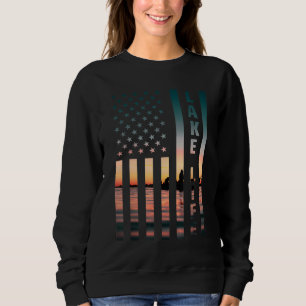 Lake Life Fisherman Sunset American Flag Bass Fish Trui