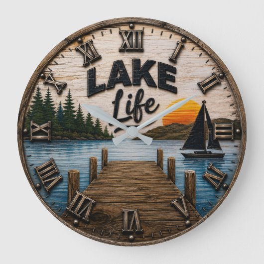 Lake Life Rustic Dock Lake House & Cabin Sunset Grote Klok (Voorkant)