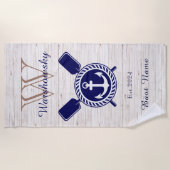 Lake Life Rustic Wood Nautical Anchor Navy Blue Strandlaken (Voorkant)