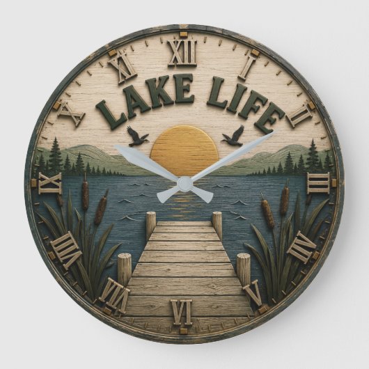 Lake Life Sunset Dock Rustic Lake House Grote Klok (Voorkant)
