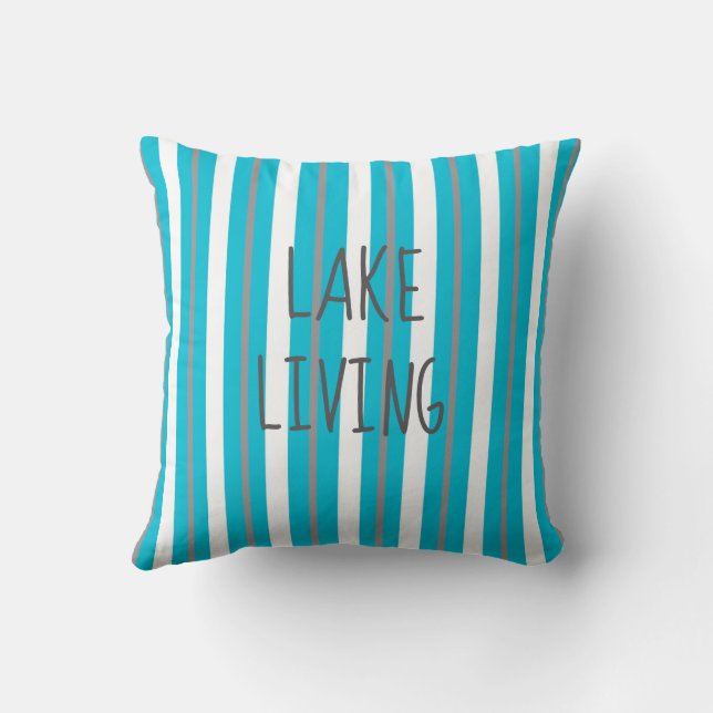 Lake Living Turquoise Gray White Stripe Throw Pill Kussen (Achterkant)